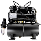 Airbrush Compressor With Air Tank, Twin Oil-Less Pistons, 2 Power Positions, 2 Electric Cooling Fan, Air Pressure Regulator, Air Filter and Water Trap