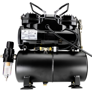 Airbrush Compressor With Air Tank, Twin Oil-Less Pistons, 2 Power Positions, 2 Electric Cooling Fan, Air Pressure Regulator, Air Filter and Water Trap