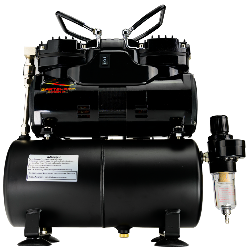 Airbrush Compressor With Tank, Twin Oil-Less Pistons & 2 Power Positions BARTSHARP Airbrush AC04 Airbrush Compressor With Air Tank, Twin Oil-Less Pistons, 2 Power Positions, 2 Electric Cooling Fan, Air Pressure Regulator, Air Filter and Water Trap