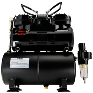 Airbrush Compressor With Air Tank, Twin Oil-Less Pistons, 2 Power Positions, 2 Electric Cooling Fan, Air Pressure Regulator, Air Filter and Water Trap