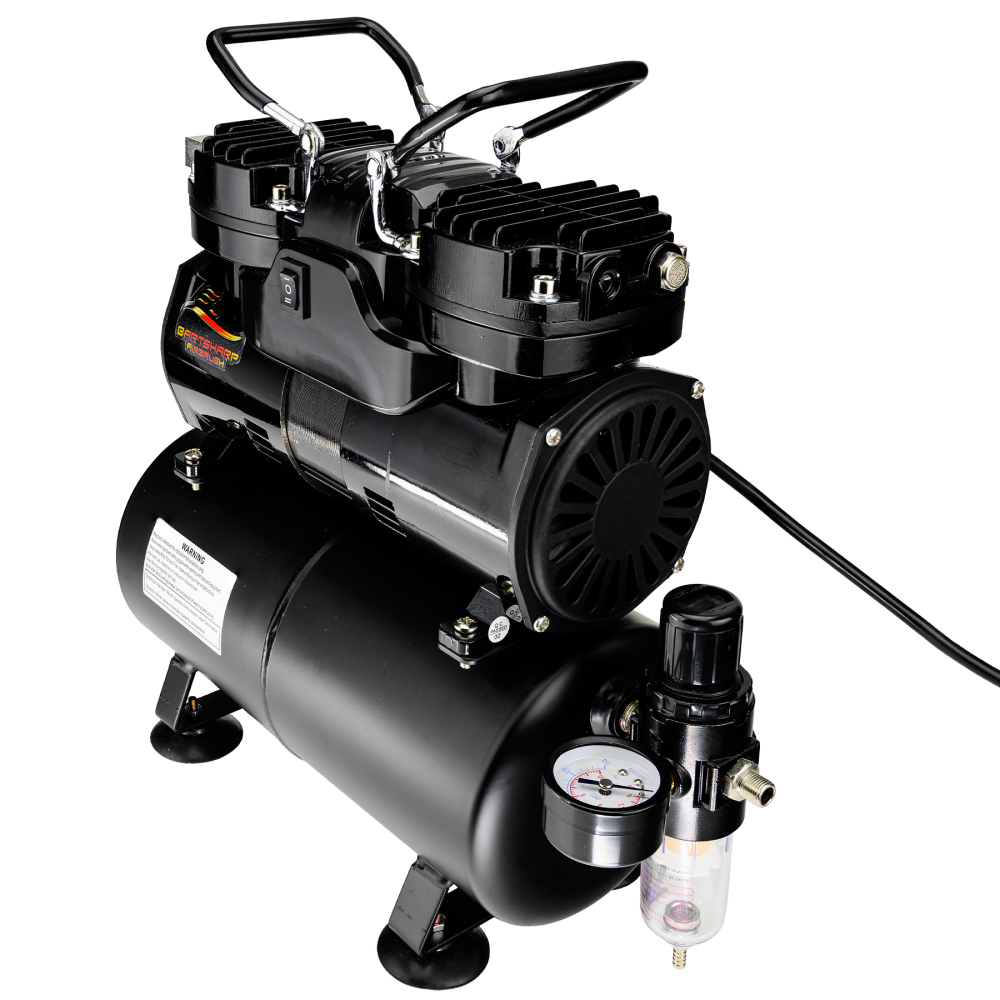 Airbrush Compressor With Tank, Twin Oil-Less Pistons & 2 Power Positions BARTSHARP Airbrush AC04 Airbrush Compressor With Air Tank, Twin Oil-Less Pistons, 2 Power Positions, 2 Electric Cooling Fan, Air Pressure Regulator, Air Filter and Water Trap