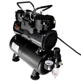 Airbrush Compressor With Air Tank, Twin Oil-Less Pistons, 2 Power Positions, 2 Electric Cooling Fan, Air Pressure Regulator, Air Filter and Water Trap