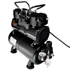 Airbrush Compressor With Air Tank, Twin Oil-Less Pistons, 2 Power Positions, 2 Electric Cooling Fan, Air Pressure Regulator, Air Filter and Water Trap