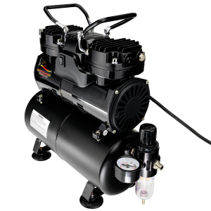 Airbrush Compressor With Air Tank, Twin Oil-Less Pistons, 2 Power Positions, 2 Electric Cooling Fan, Air Pressure Regulator, Air Filter and Water Trap