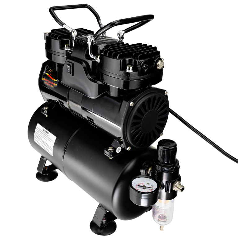 Airbrush Compressor With Air Tank, Twin Oil-Less Pistons, 2 Power Positions, 2 Electric Cooling Fan, Air Pressure Regulator, Air Filter and Water Trap