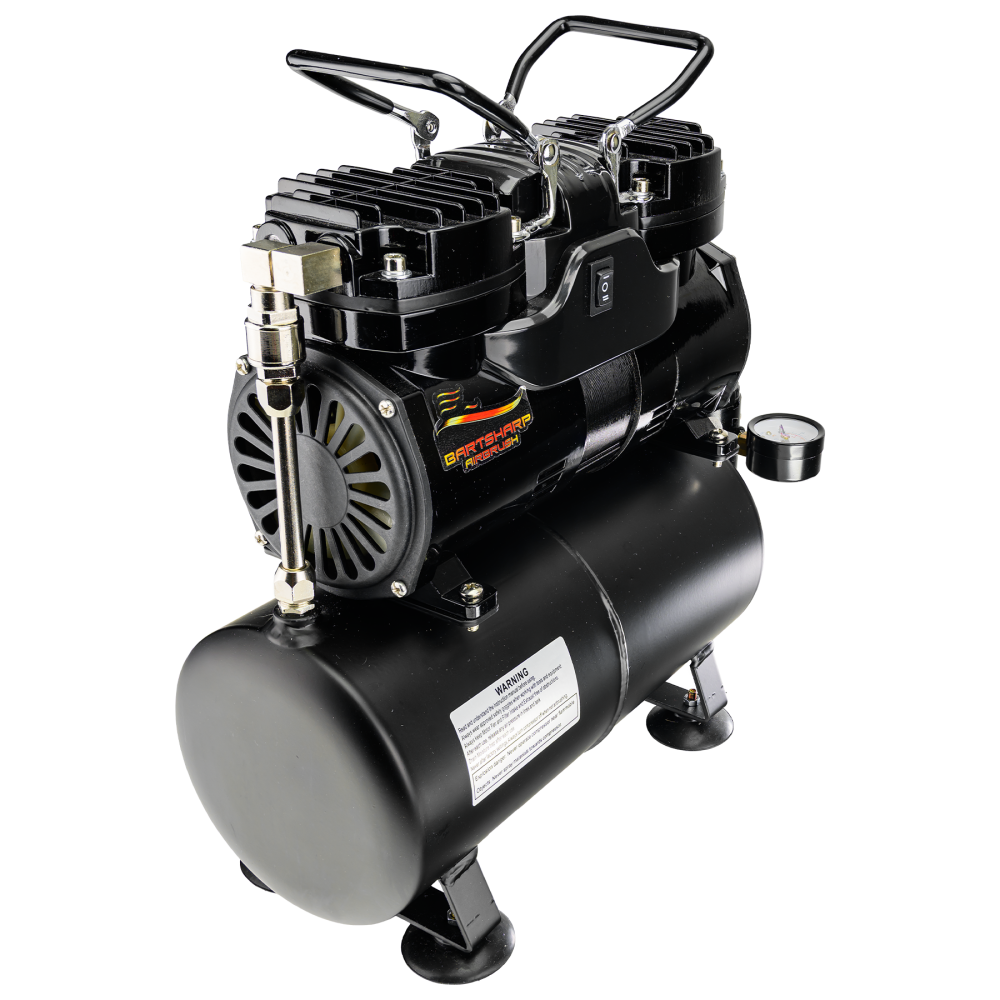 Airbrush Compressor With Tank, Twin Oil-Less Pistons & 2 Power Positions BARTSHARP Airbrush AC04 Airbrush Compressor With Air Tank, Twin Oil-Less Pistons, 2 Power Positions, 2 Electric Cooling Fan, Air Pressure Regulator, Air Filter and Water Trap