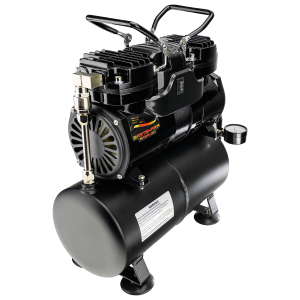 Airbrush Compressor With Air Tank, Twin Oil-Less Pistons, 2 Power Positions, 2 Electric Cooling Fan, Air Pressure Regulator, Air Filter and Water Trap