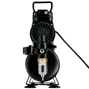 Airbrush Compressor With Air Tank, Twin Oil-Less Pistons, 2 Power Positions, 2 Electric Cooling Fan, Air Pressure Regulator, Air Filter and Water Trap